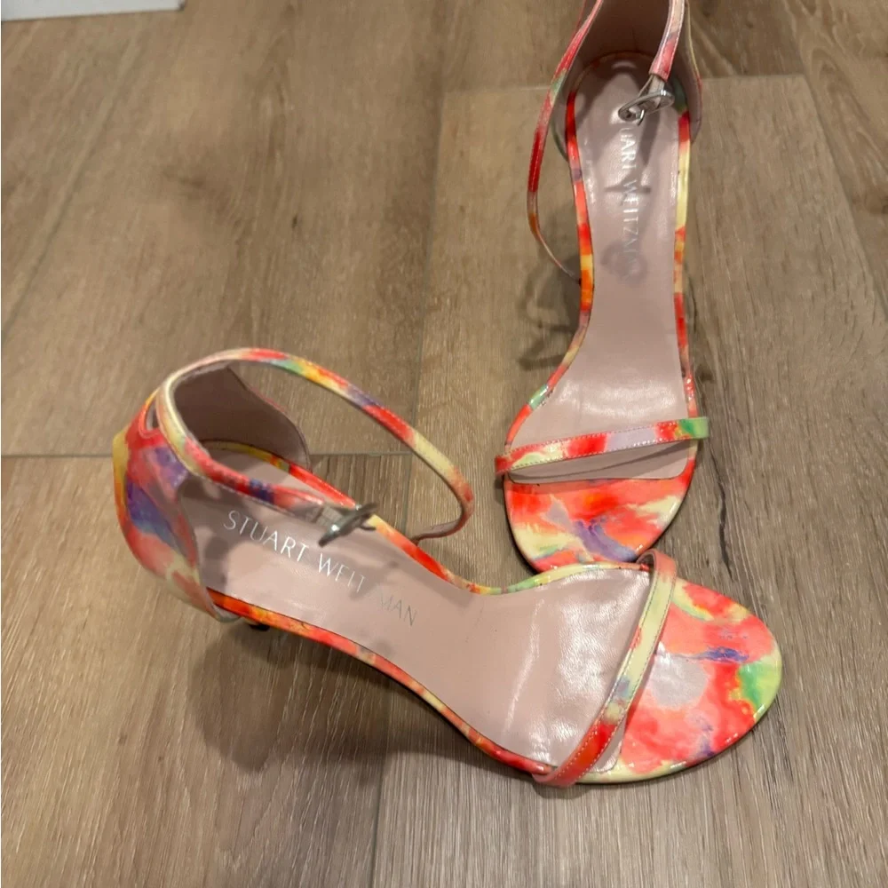 Stuart Weitzman Multicolor Watercolor Print Strappy Heels